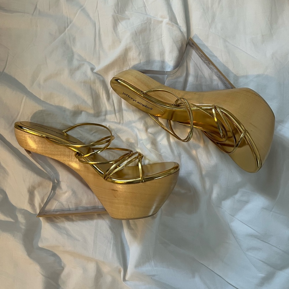Jeffrey Campbell Gold Platform wedge Sandals with Crisscross Straps
